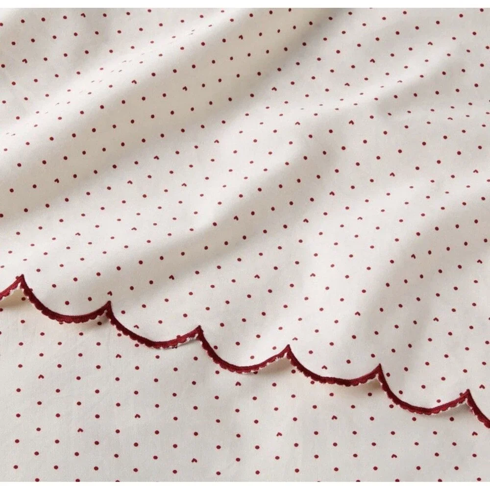 Twin/Twin XL 400 Thread Count Sheet Set Ivory Printed Dot with Red Scallop Hem